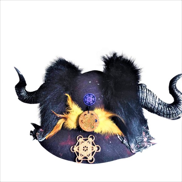 Gothic Horned Halloween Hat with Metatron Cube Charms Sacred Geometry NEW - Picture 4 of 4